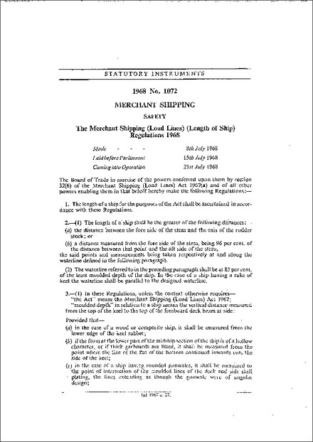 The Merchant Shipping (Load Lines) (Length of Ship) Regulations 1968