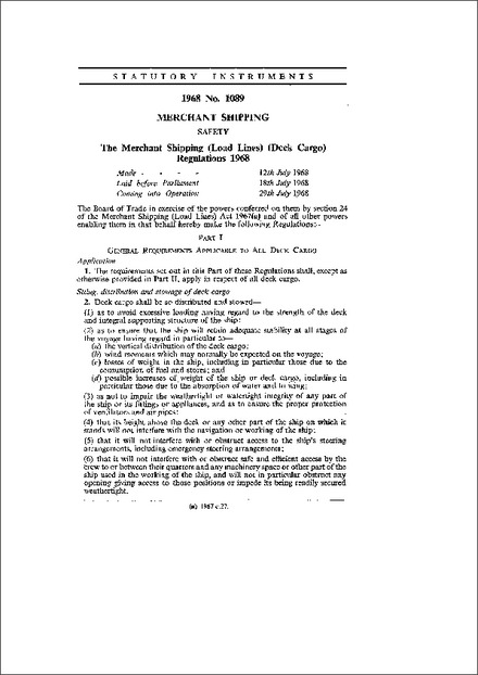 The Merchant Shipping (Load Lines) (Deck Cargo) Regulations 1968
