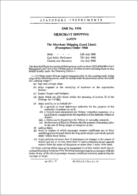 The Merchant Shipping (Load Lines) (Exemption) Order 1968