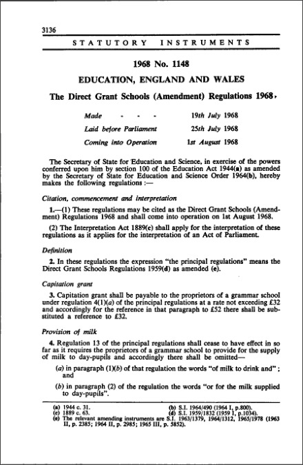 The Direct Grant Schools (Amendment) Regulations 1968