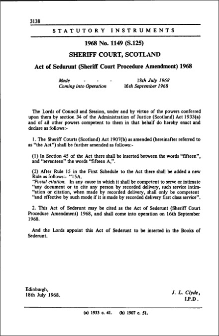 Act of Sederunt (Sheriff Court Procedure Amendment) 1968