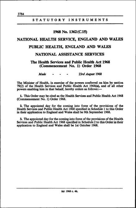 The Health Services and Public Health Act 1968 (Commencement No. 1) Order 1968