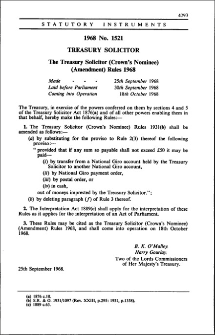 The Treasury Solicitor (Crown's Nominee) (Amendment) Rules 1968