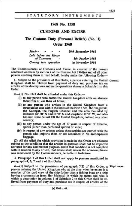 The Customs Duty (Personal Reliefs) (No. 1) Order 1968