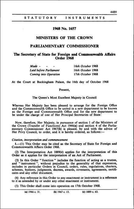 The Secretary of State for Foreign and Commonwealth Affairs Order 1968