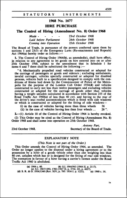 The Control of Hiring (Amendment No. 8) Order 1968