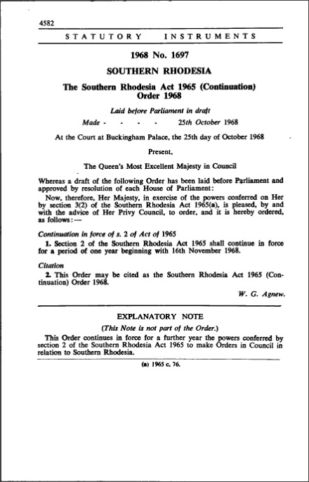 The Southern Rhodesia Act 1965 (Continuation) Order 1968