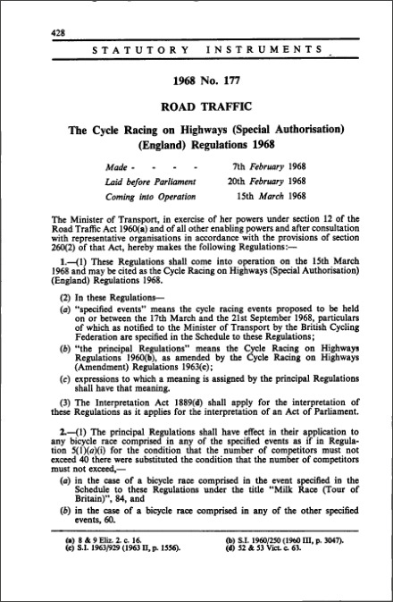 The Cycle Racing on Highways (Special Authorisation) (England) Regulations 1968