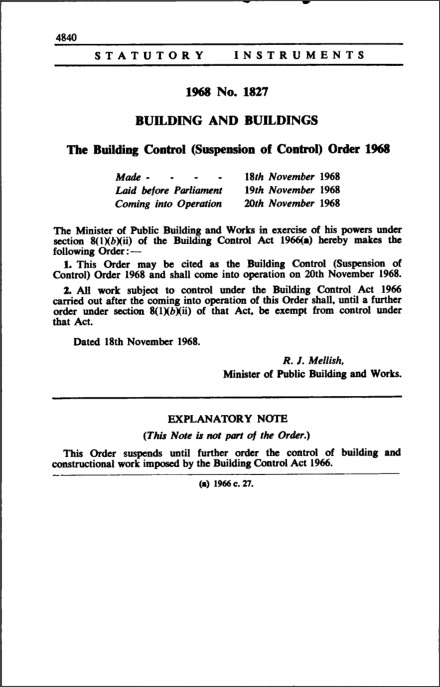 The Building Control (Suspension of Control) Order 1968