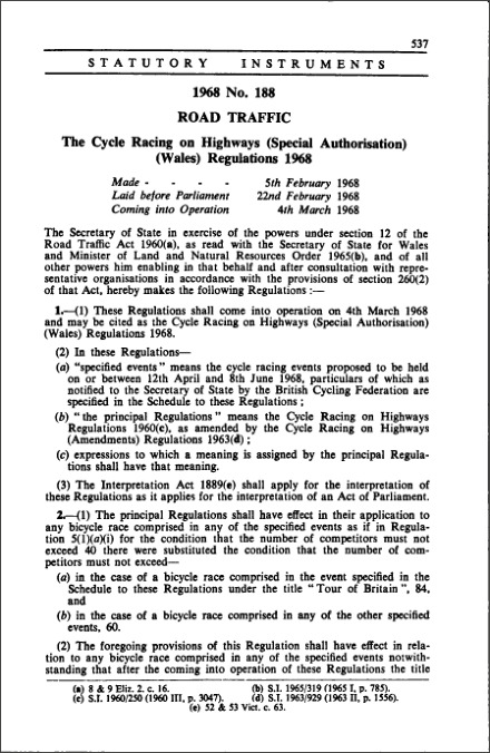 The Cycle Racing on Highways (Special Authorisation) (Wales) Regulations 1968