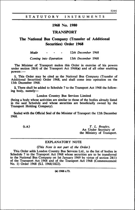 The National Bus Company (Transfer of Additional Securities) Order 1968