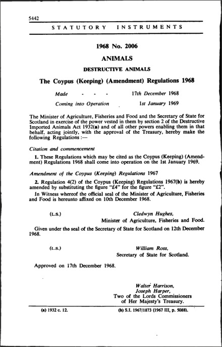 The Coypus (Keeping) (Amendment) Regulations 1968