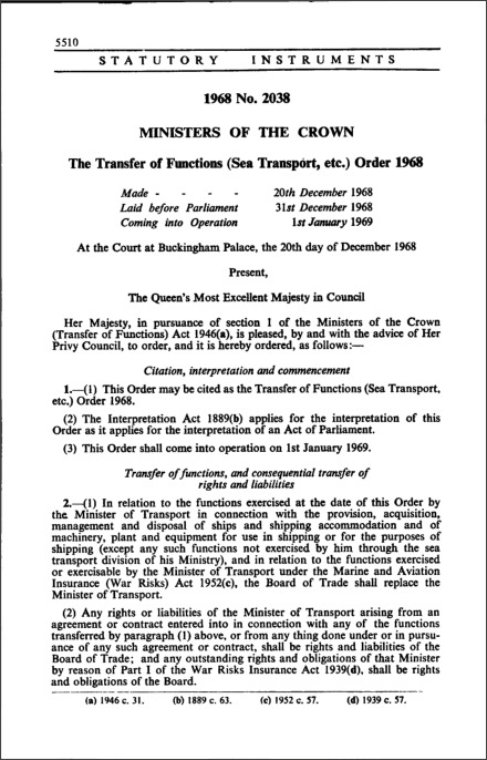 The Transfer of Functions (Sea Transport, etc.) Order 1968
