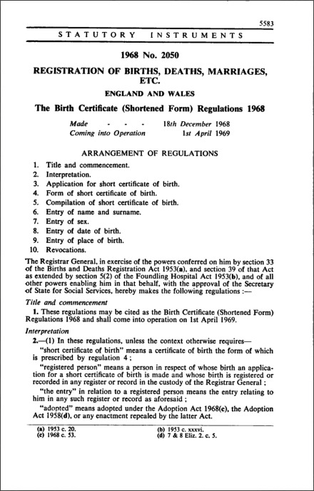 The Birth Certificate (Shortened Form) Regulations 1968