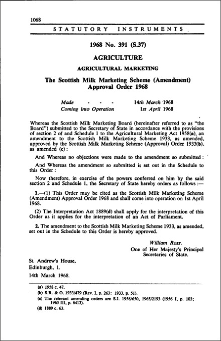 The Scottish Milk Marketing Scheme (Amendment) Approval Order 1968