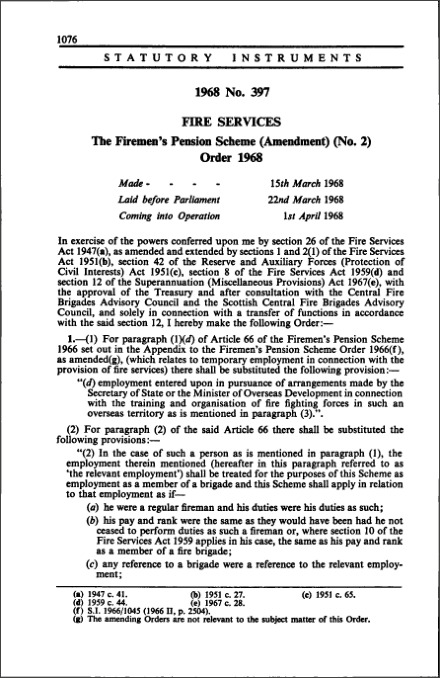 The Firemen's Pension Scheme (Amendment) (No. 2) Order 1968