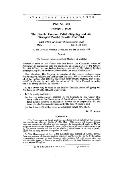 The Double Taxation Relief (Shipping and Air Transport Profits) (Brazil) Order 1968