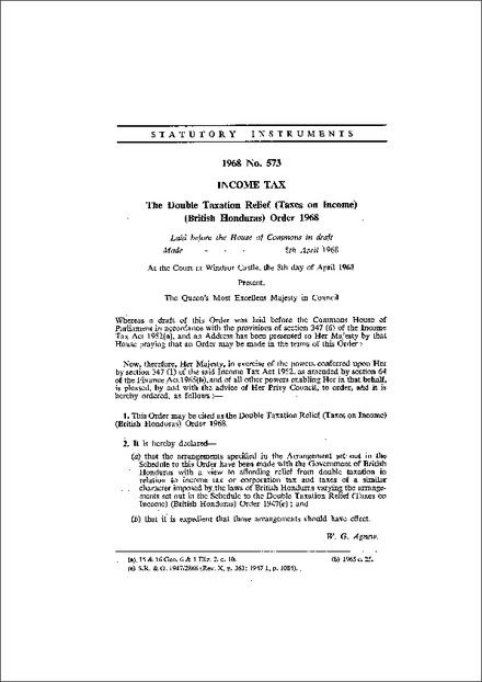The Double Taxation Relief (Taxes on Income) (British Honduras) Order 1968