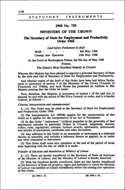 The Secretary of State for Employment and Productivity Order 1968