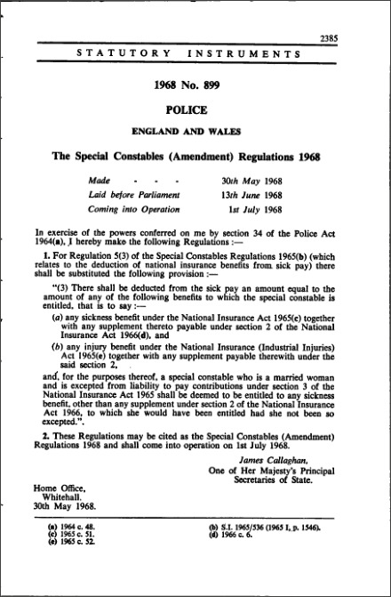 The Special Constables (Amendment) Regulations 1968