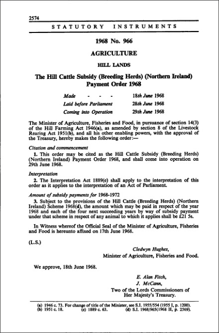 The Hill Cattle Subsidy (Breeding Herds) (Northern Ireland) Payment Order 1968