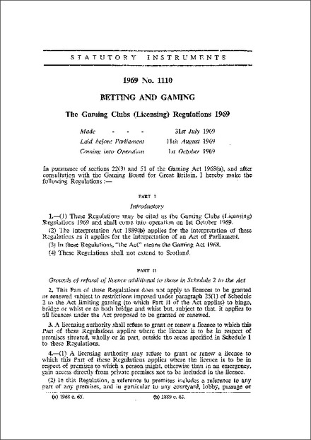 The Gaming Clubs (Licensing) Regulations 1969