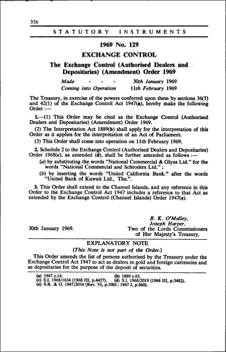 The Exchange Control (Authorised Dealers and Depositaries) (Amendment) Order 1969