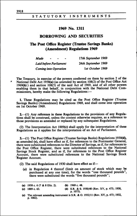 The Post Office Register (Trustee Savings Banks) (Amendment) Regulations 1969