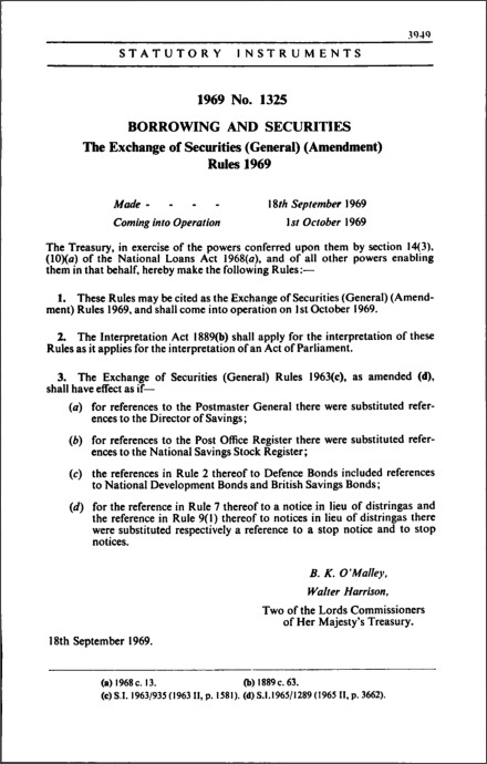 The Exchange of Securities (General) (Amendment) Rules 1969