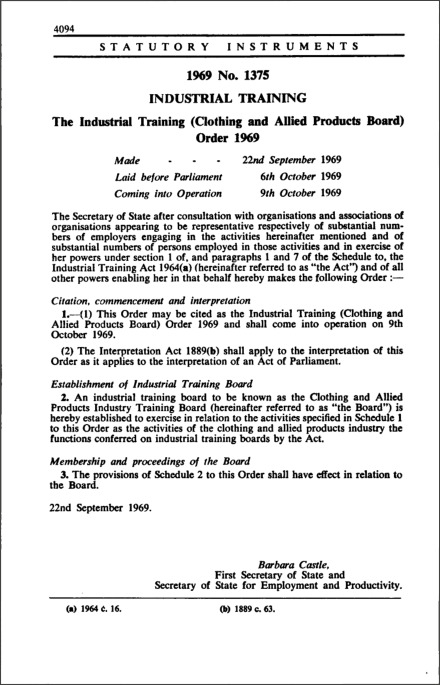 The Industrial Training (Clothing and Allied Products Board) Order 1969