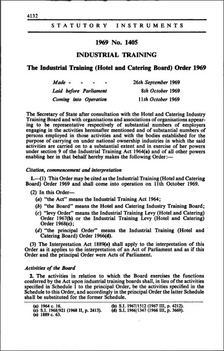 The Industrial Training (Hotel and Catering Board) Order 1969