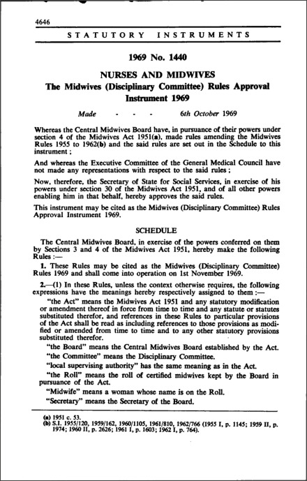 The Midwives (Disciplinary Committee) Rules Approval Instrument 1969