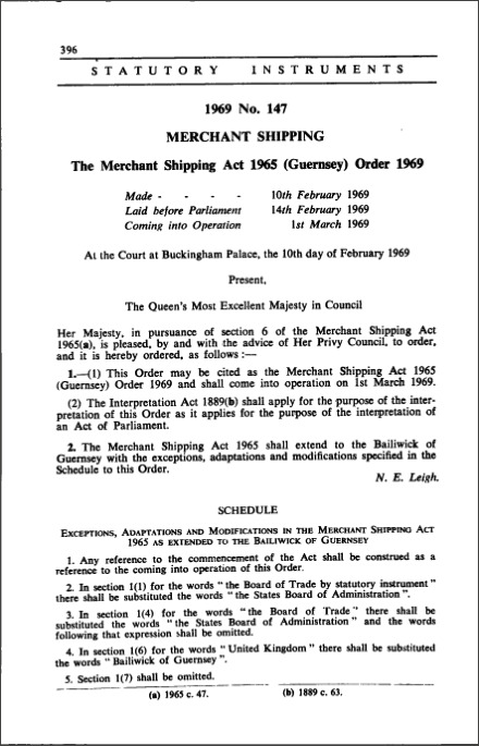The Merchant Shipping Act 1965 (Guernsey) Order 1969