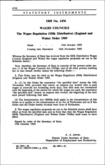 The Wages Regulation (Milk Distributive) (England and Wales) Order 1969