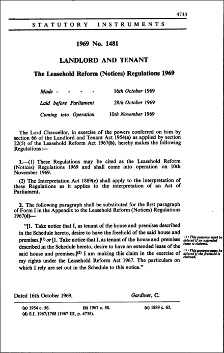 The Leasehold Reform (Notices) Regulations 1969