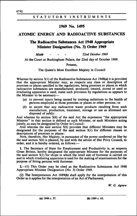 The Radioactive Substances Act 1948 Appropriate Minister Designation (No. 3) Order 1969