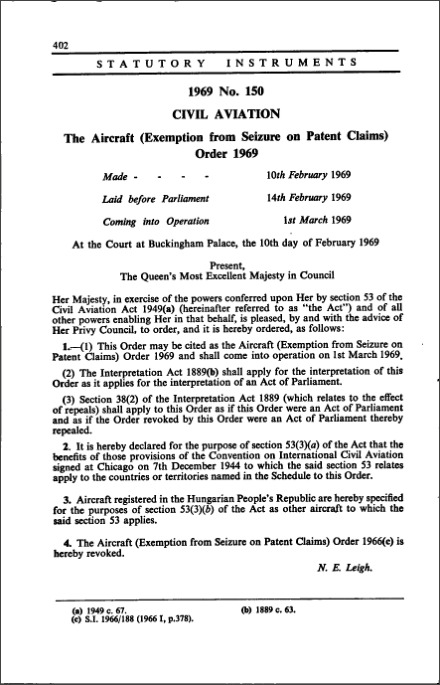 The Aircraft (Exemption from Seizure on Patent Claims) Order 1969
