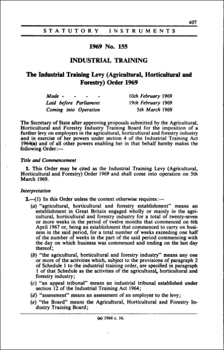 The Industrial Training Levy (Agricultural, Horticultural and Forestry) Order 1969