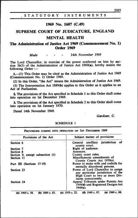 The Administration of Justice Act 1969 (Commencement No. 1) Order 1969