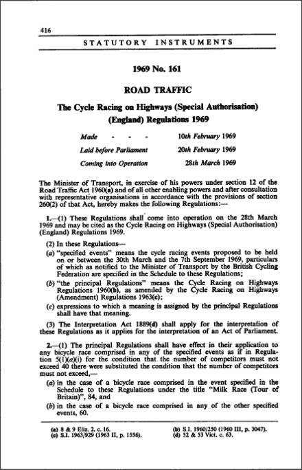 The Cycle Racing on Highways (Special Authorisation) (England) Regulations 1969