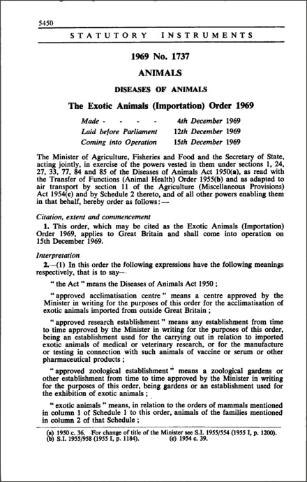 The Exotic Animals (Importation) Order 1969