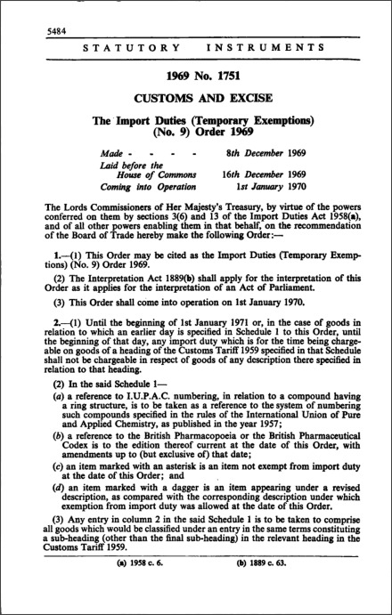 The Import Duties (Temporary Exemptions) (No. 9) Order 1969