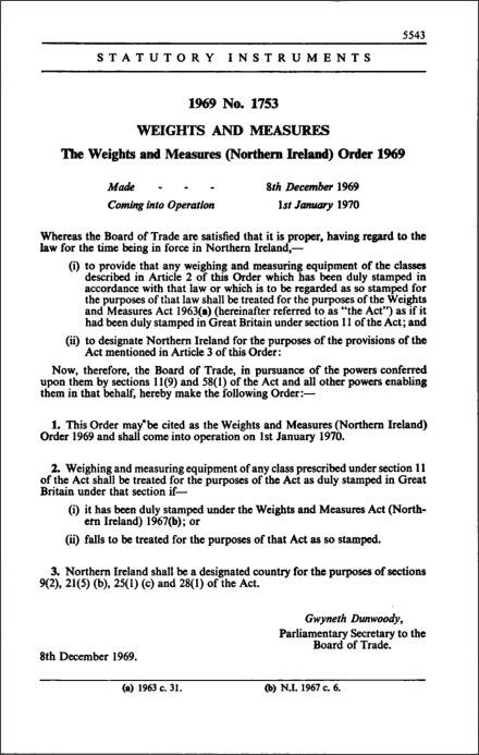 The Weights and Measures (Northern Ireland) Order 1969