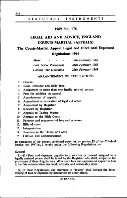 The Courts-Martial Appeal Legal Aid (Fees and Expenses) Regulations 1969