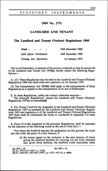The Landlord and Tenant (Notices) Regulations 1969