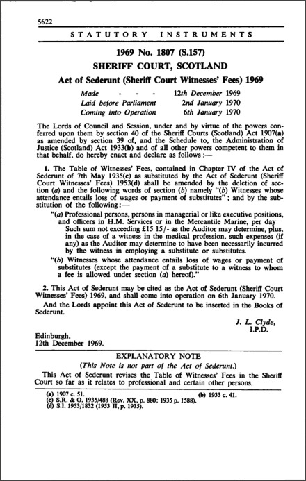 Act of Sederunt (Sheriff Court Witnesses' Fees) 1969