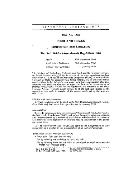 The Soft Drinks (Amendment) Regulations 1969
