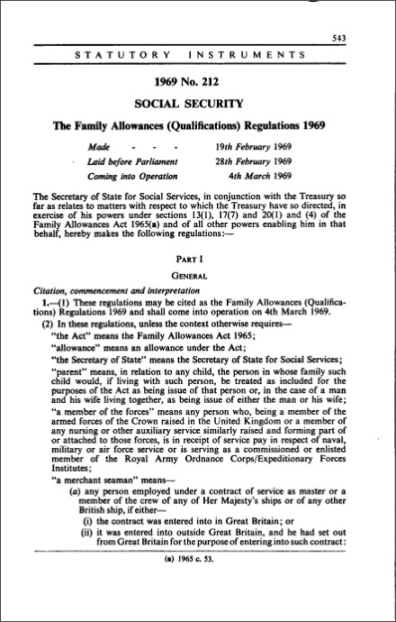 The Family Allowances (Qualifications) Regulations 1969
