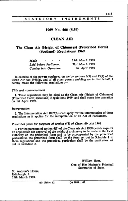 The Clean Air (Height of Chimneys) (Prescribed Form) (Scotland) Regulations 1969