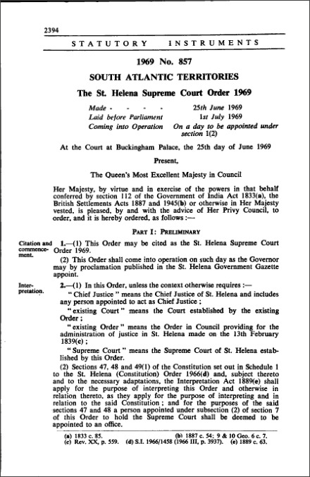 The St. Helena Supreme Court Order 1969